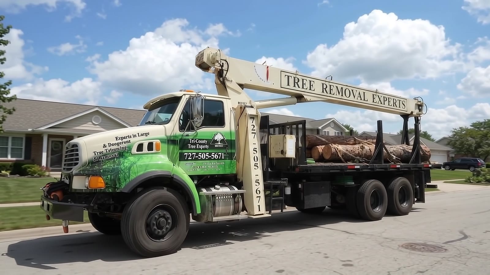 Tri-County Tree Experts crane truck parked on a residential street